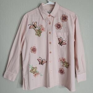 Drapers & Damons Shirt Women PM Pink Striped Butterfly Flower Sequin Embellished